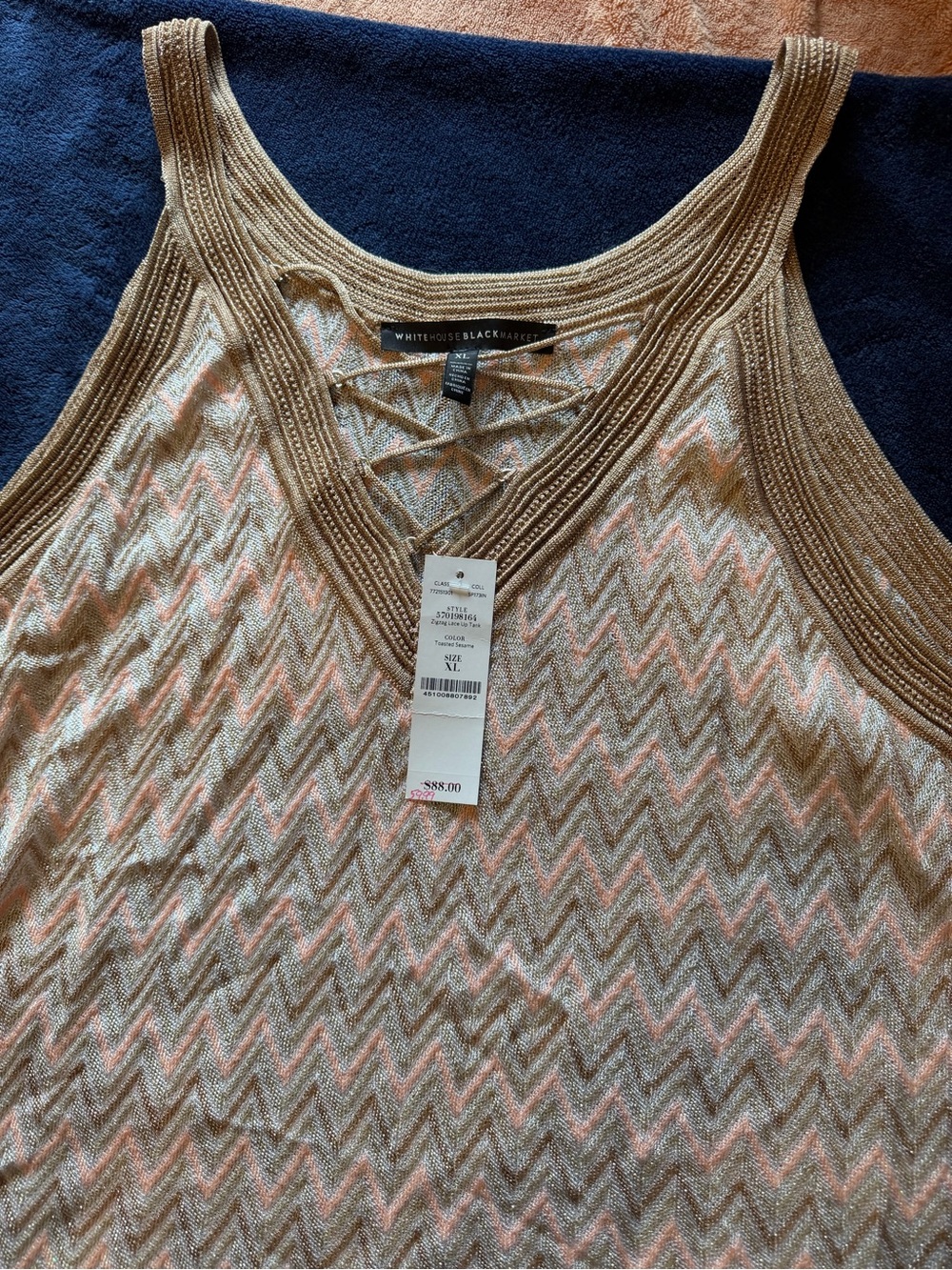 White House Black Market Pink and Gold Chevron Lace-Up Knit Tank